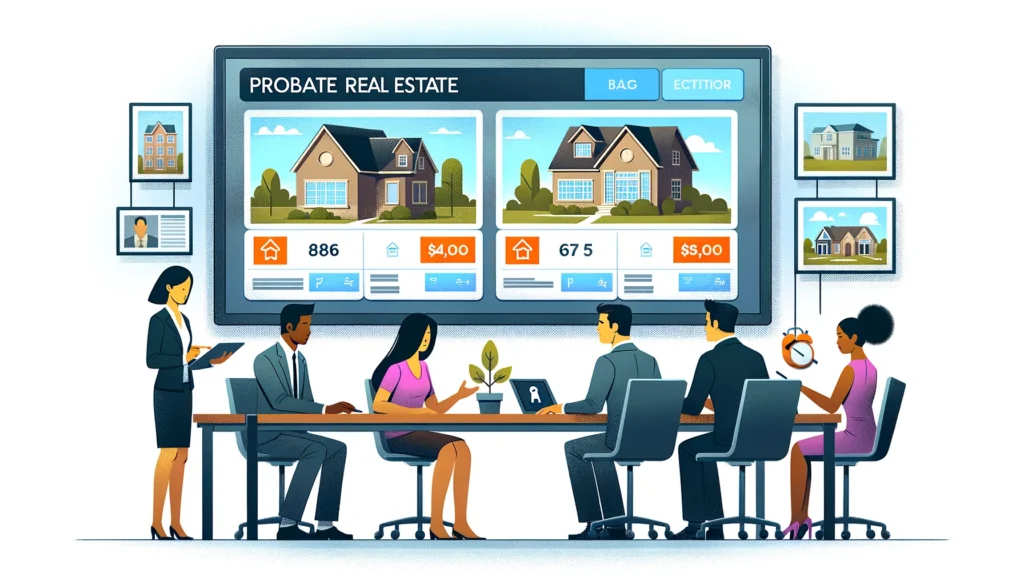 Illustration of a modern probate real estate scene. A digital touchscreen table displays various properties available for sale, each tagged 'Probate'. Around the table, a diverse group of people, including an Asian woman, a Black man, and a Caucasian woman, are engaged in a discussion. On the wall, there's a large screen showing a presentation titled 'Probate Real Estate'.