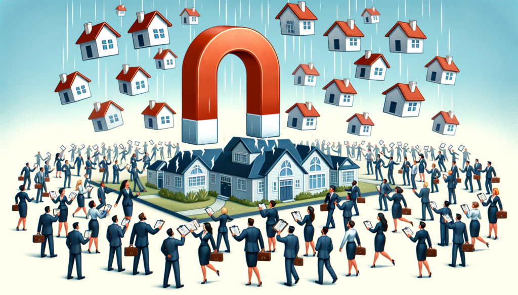 Illustration of a bustling real estate office. At the center, there's a large magnet attracting paper houses, symbolizing real estate leads. Diverse real estate agents eagerly reach out to grab these leads, with some agents discussing among themselves and others taking notes on clipboards.