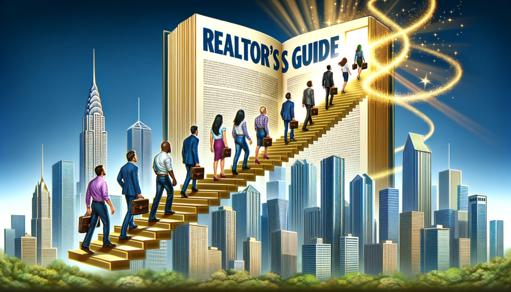 Illustration of a dynamic cityscape with skyscrapers reaching the sky. At the heart of the city, a giant book titled 'Realtor's Guide' opens up, with diverse individuals climbing a golden staircase leading to its pages. As they ascend, they transform from casual attire to professional realtor outfits, symbolizing their journey into the real estate profession.